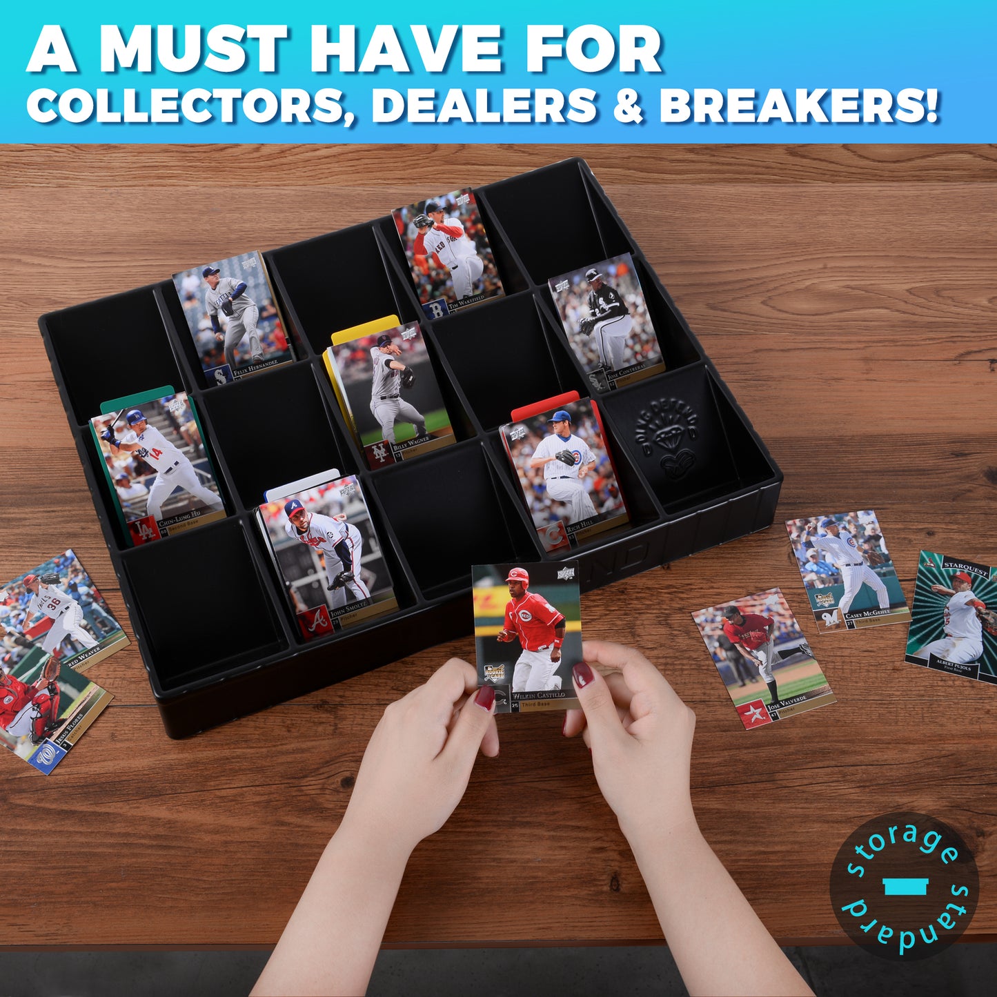 Trading Card Sorting Tray - Stackable Trading Card Organizer, 15-Compartment, Black, Includes Dividers