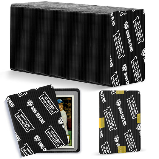 Black Ding Defend 3.5 x 4.5 inch trading card protector shipping sleeves, 110 pack, stacked and shown with cards on a white background