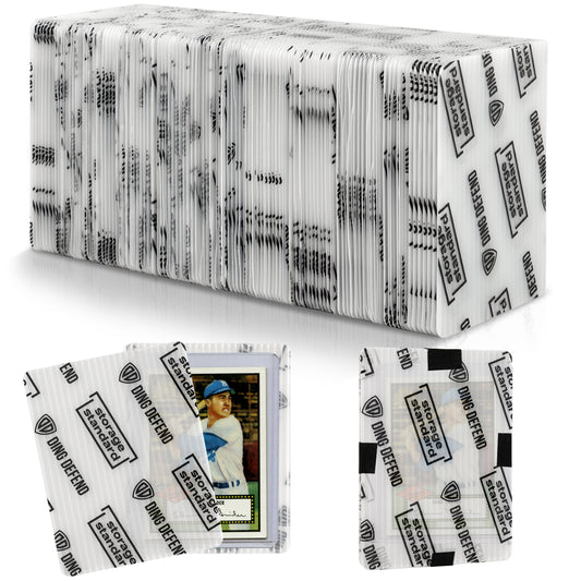 Stack of Ding Defend 3.5 x 4.5 trading card shipping protectors with semi-transparent plastic sleeves shown protecting a card in a top loader.