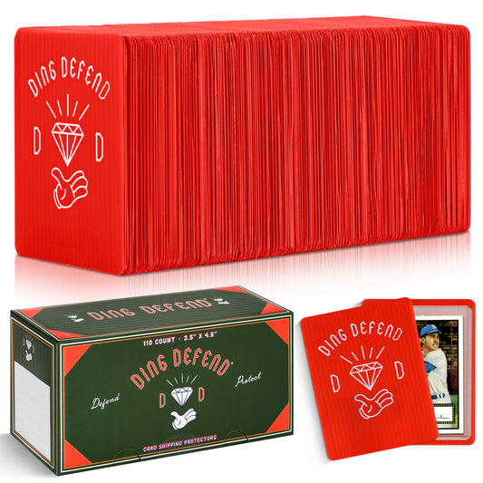 Stack of red Ding Defend 3.5 x 4.5 trading card shipping protectors with Diamond Hands design shown alongside branded packaging and a card inside a protector