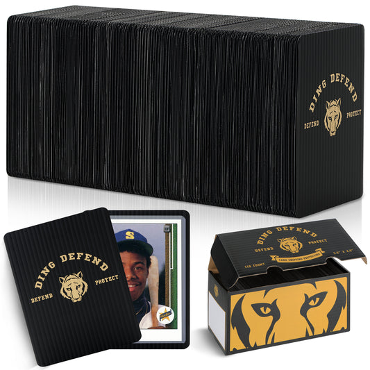 Ding Defend tiger design trading card shipping protectors showing black 3.5 x 4.5 protective sheets, a sleeved trading card, and a branded storage box