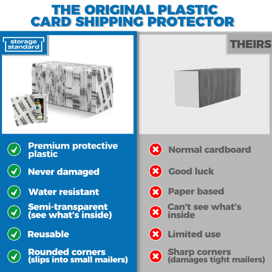 Comparison graphic showing Ding Defend plastic trading card shipping protectors versus standard cardboard mailers.