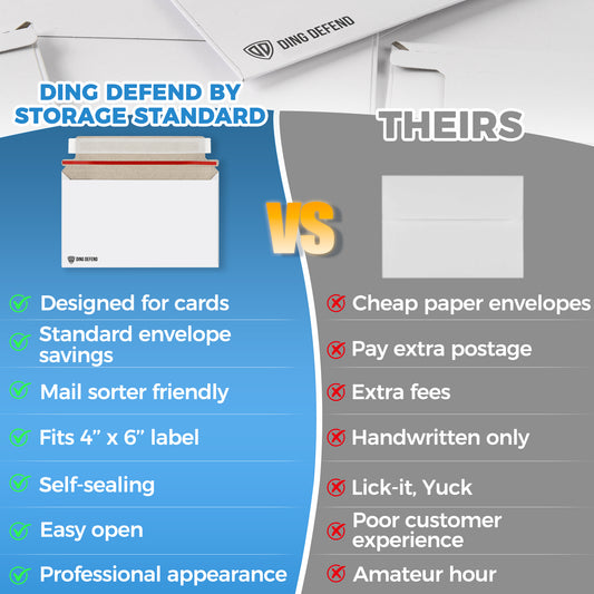 Comparison graphic showing Ding Defend card shipping envelopes versus standard envelopes, highlighting card-friendly design, self-sealing closure, easy opening, and professional presentation