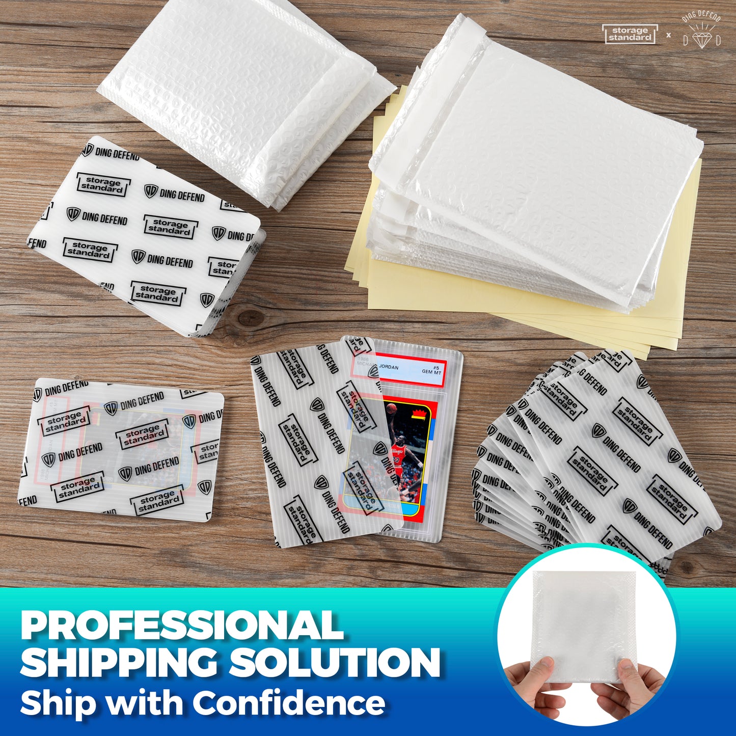 Ding Defend Card Shipping Kit: 110 x Card Protectors (4'' x 6'') - 55 x Bubble Mailers - 240 x Pro Tape Seals