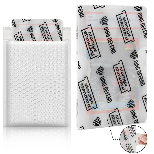 Ding Defend bubble mailer and 4 x 6 card protector shown together with clear pro tape seal for secure trading card shipping