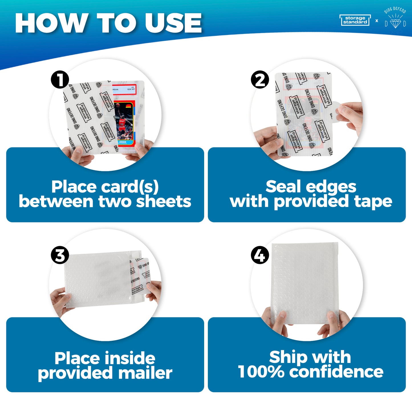 Ding Defend Card Shipping Kit: 110 x Card Protectors (4'' x 6'') - 55 x Bubble Mailers - 240 x Pro Tape Seals