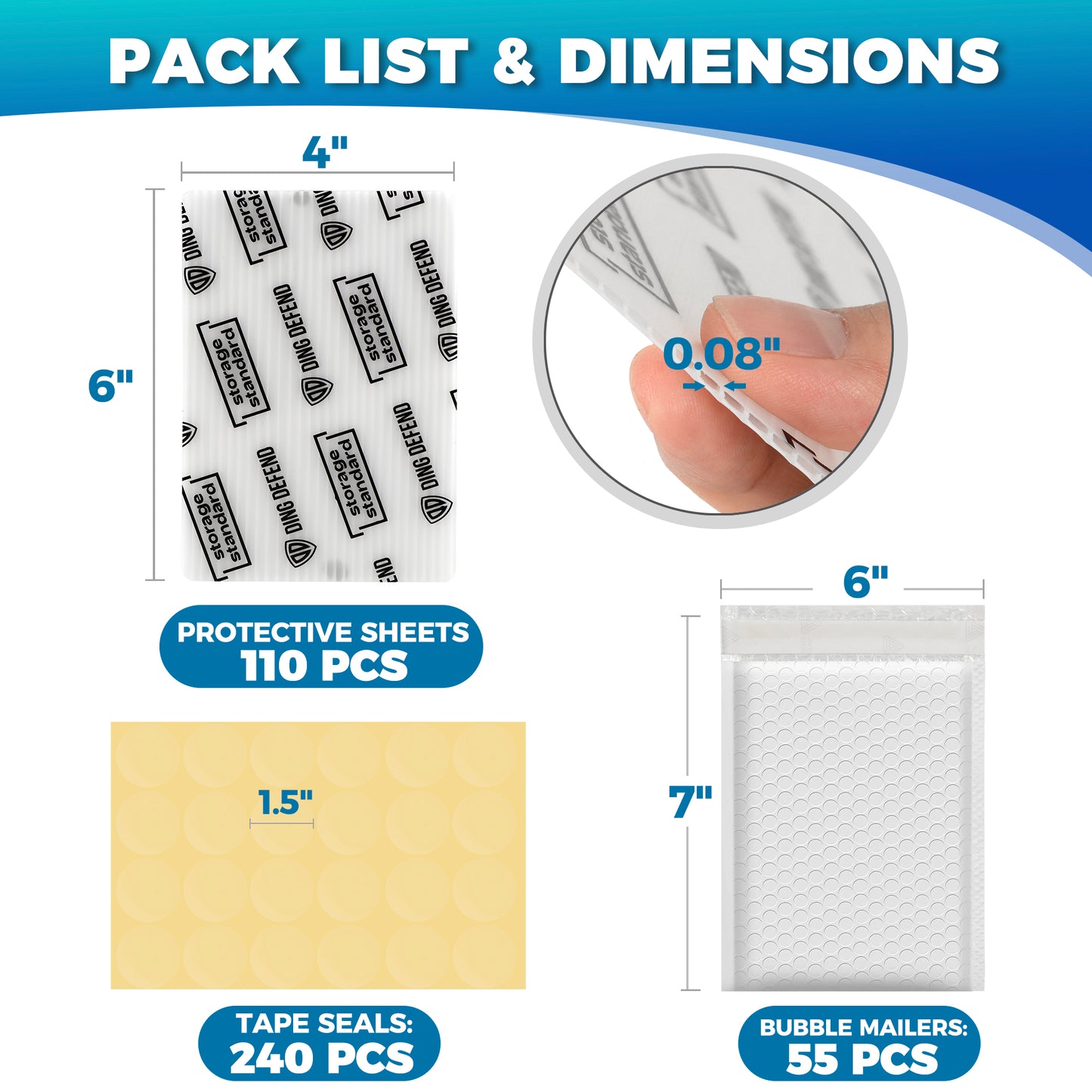 Ding Defend Card Shipping Kit: 110 x Card Protectors (4'' x 6'') - 55 x Bubble Mailers - 240 x Pro Tape Seals