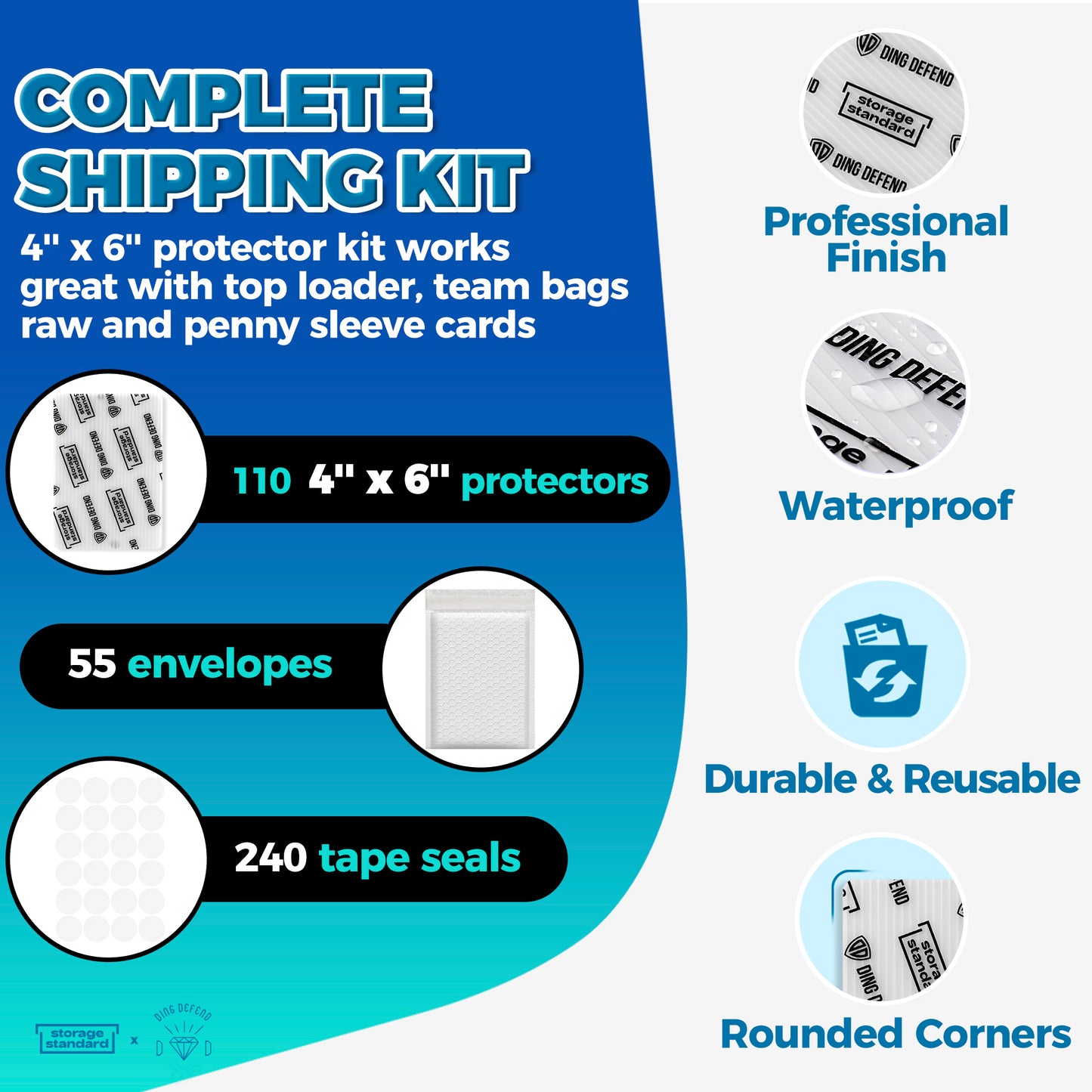 Ding Defend Card Shipping Kit: 110 x Card Protectors (4'' x 6'') - 55 x Bubble Mailers - 240 x Pro Tape Seals
