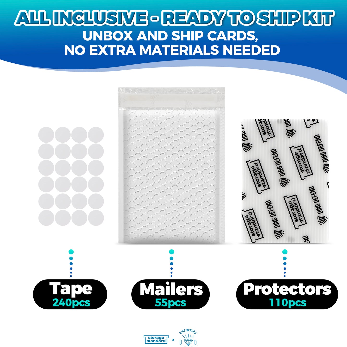 Ding Defend Card Shipping Kit: 110 x Card Protectors (4'' x 6'') - 55 x Bubble Mailers - 240 x Pro Tape Seals