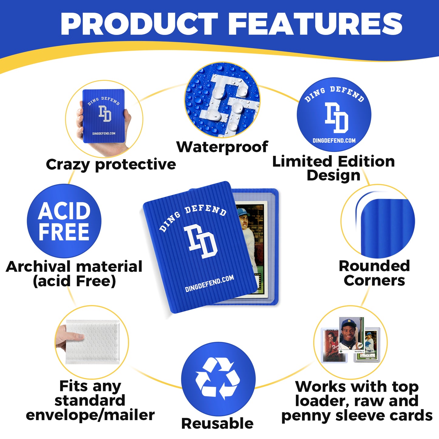 Trading Card Shipping Protectors, 3.5" x 4.5", Ding Defend Shipping Supplies, Blue Classic Baseball Design