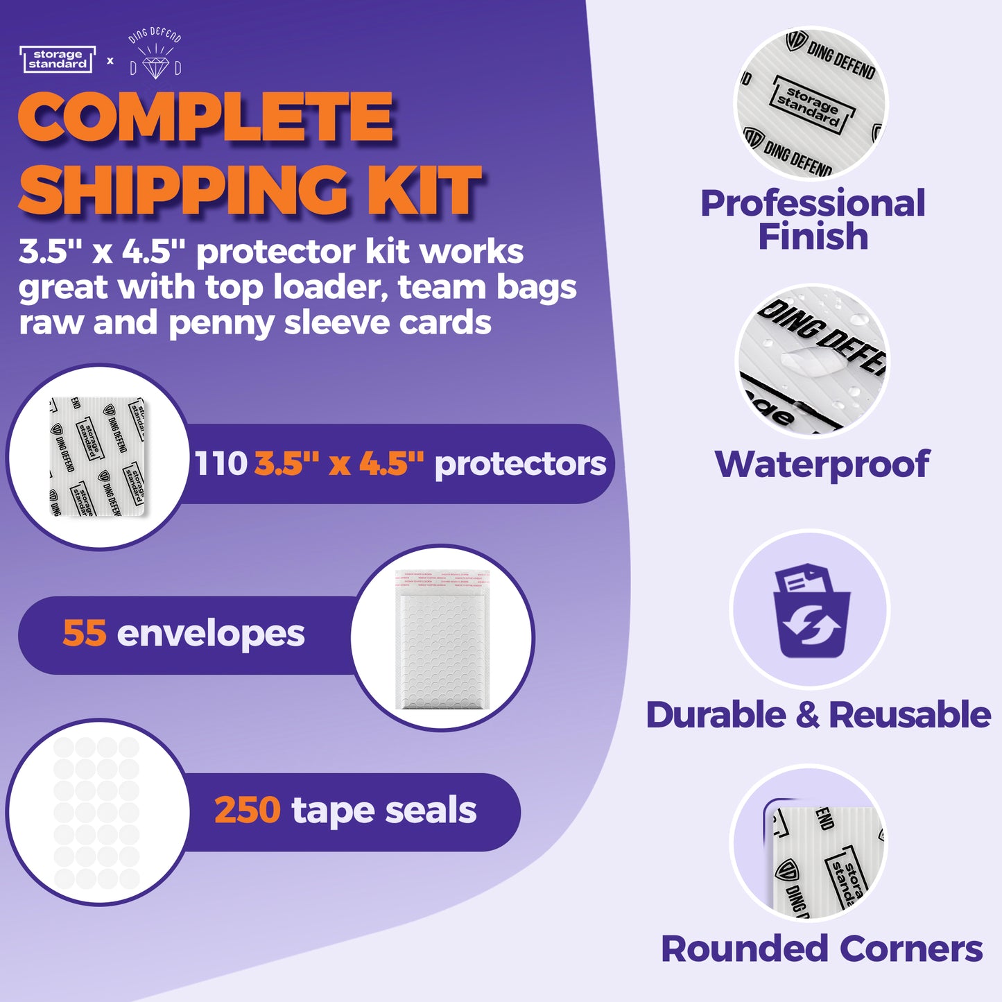 Ding Defend Card Shipping Kit: 110 x Card Protectors (3.5" x 4.5") - 55 x Bubble Mailers - 250 x Pro Tape Seals