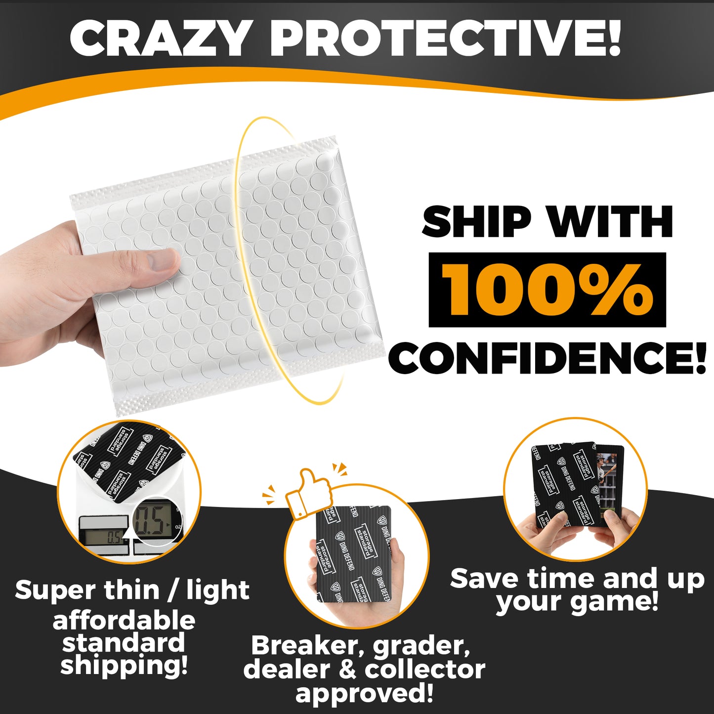 Ding Defend 110-Pack Trading Card Protector Shipping by Storage Standard - 3.5 x 4.5 Inch Black Hobby Card Shipping Supplies w/ Rounded Corners, Lightweight & Reusable for Raw Top Loaders, Semi-Rigids, Team Bags