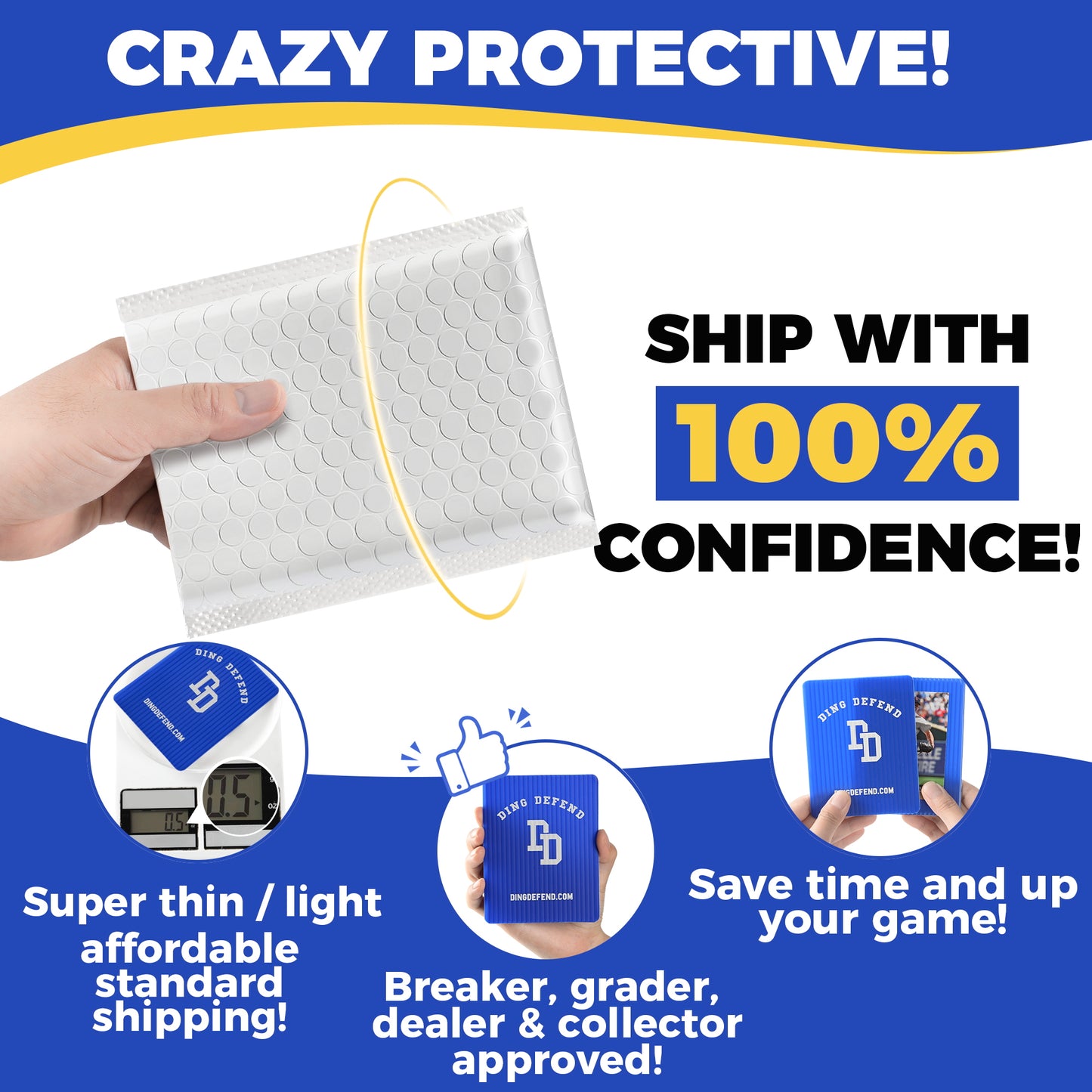 Trading Card Shipping Protectors, 3.5" x 4.5", Ding Defend Shipping Supplies, Blue Classic Baseball Design