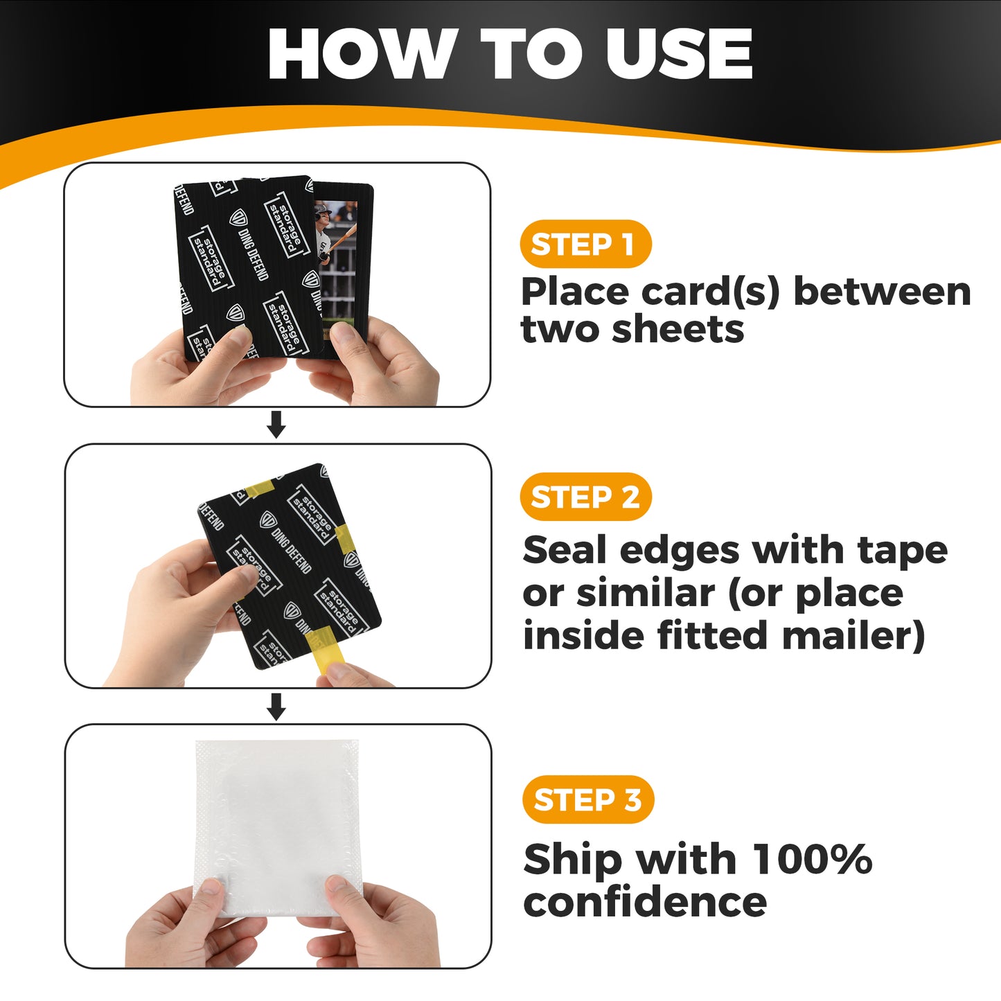 Ding Defend 110-Pack Trading Card Protector Shipping by Storage Standard - 3.5 x 4.5 Inch Black Hobby Card Shipping Supplies w/ Rounded Corners, Lightweight & Reusable for Raw Top Loaders, Semi-Rigids, Team Bags