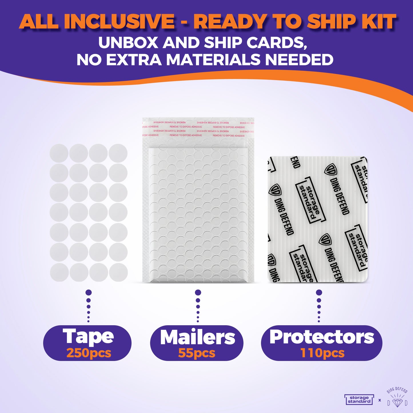 Ding Defend Card Shipping Kit: 110 x Card Protectors (3.5" x 4.5") - 55 x Bubble Mailers - 250 x Pro Tape Seals