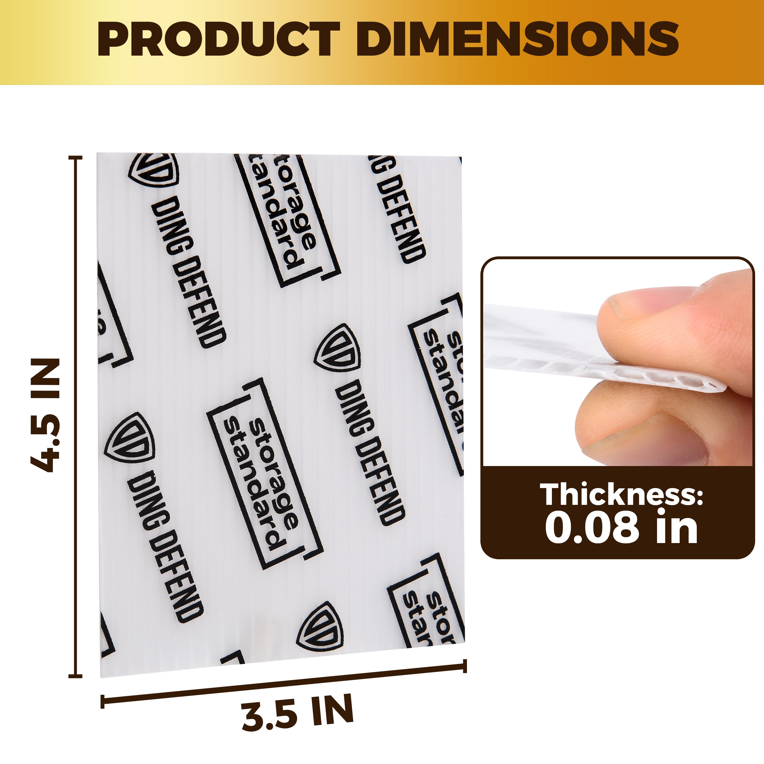 Ding Defend envelope size card protector dimensions showing 3.5 x 4.5 inches and 0.08 inch thickness