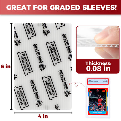 Infographic showing Ding Defend 4 x 6 trading card shipping protectors sized for graded sleeves with 0.08 inch thickness