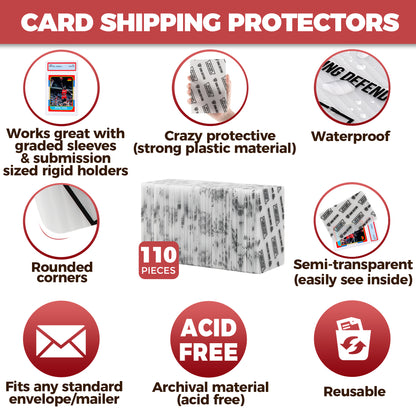 Infographic highlighting Ding Defend 4 x 6 trading card shipping protectors with waterproof plastic, rounded corners, semi-transparent design, and acid-free material