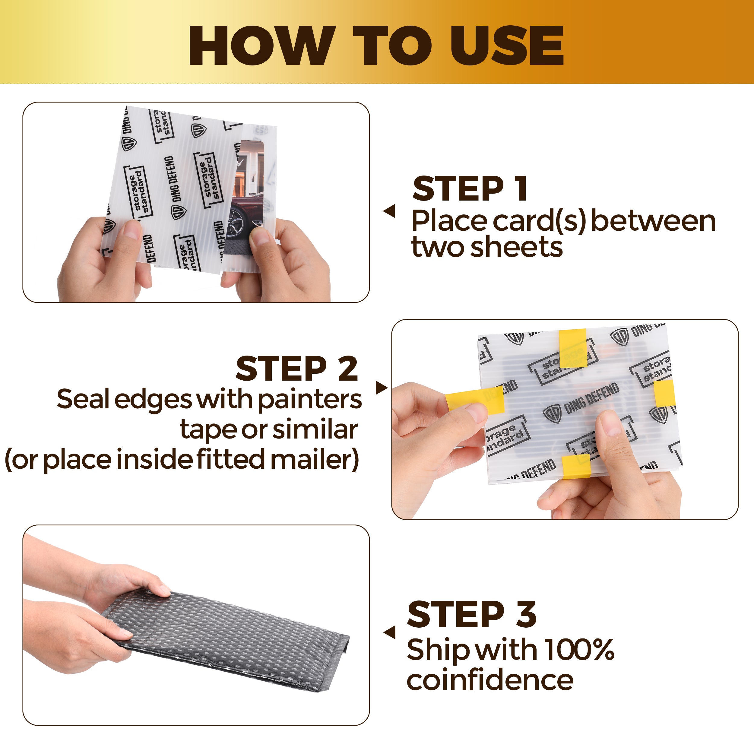Step-by-step guide showing how to use Ding Defend shipping card sleeves for safe envelope mailing
