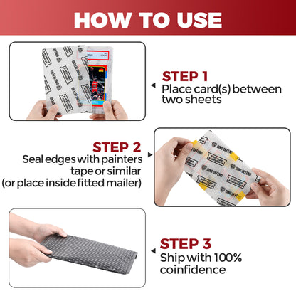 Step-by-step infographic showing how to use Ding Defend 4 x 6 trading card shipping protectors to secure and ship cards safely