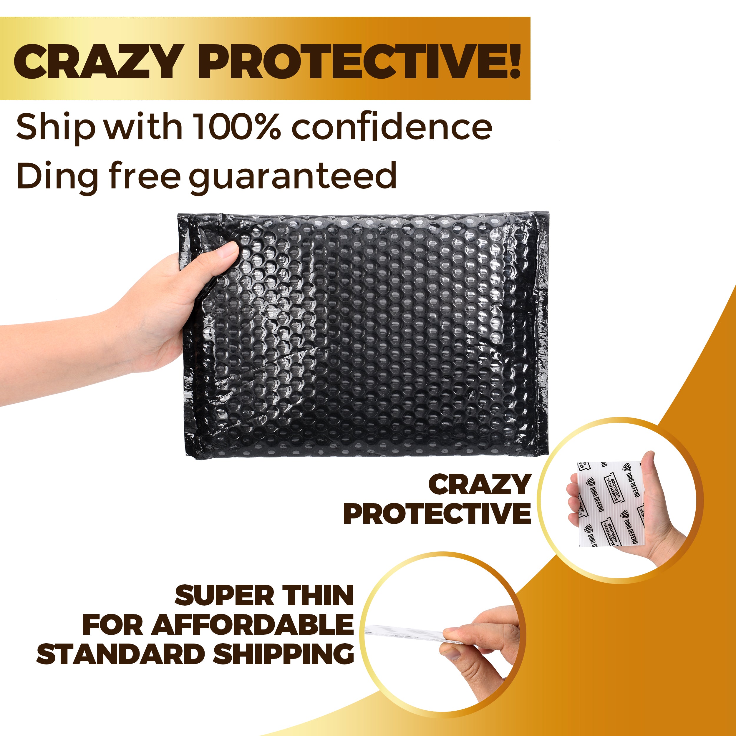 Protective bubble mailer used with Ding Defend card sleeves for safe, ding-free shipping