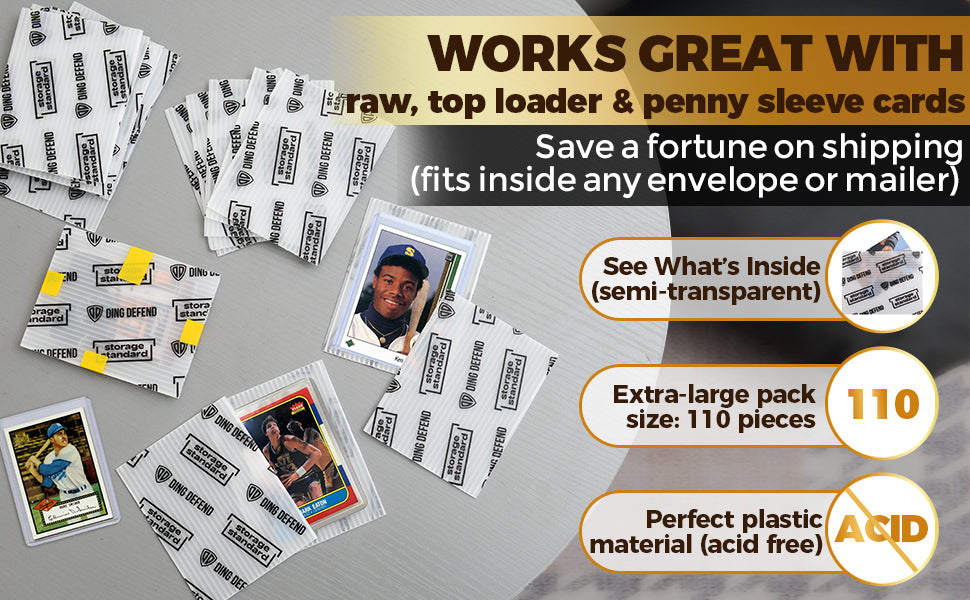 Ding Defend card shipping protectors for raw, top loader, and penny sleeve trading cards