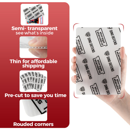 Infographic showing Ding Defend 4 x 6 trading card shipping protectors with semi-transparent plastic, thin profile, pre-cut design, and rounded corners